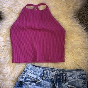 Pink Ribbed halter crop top